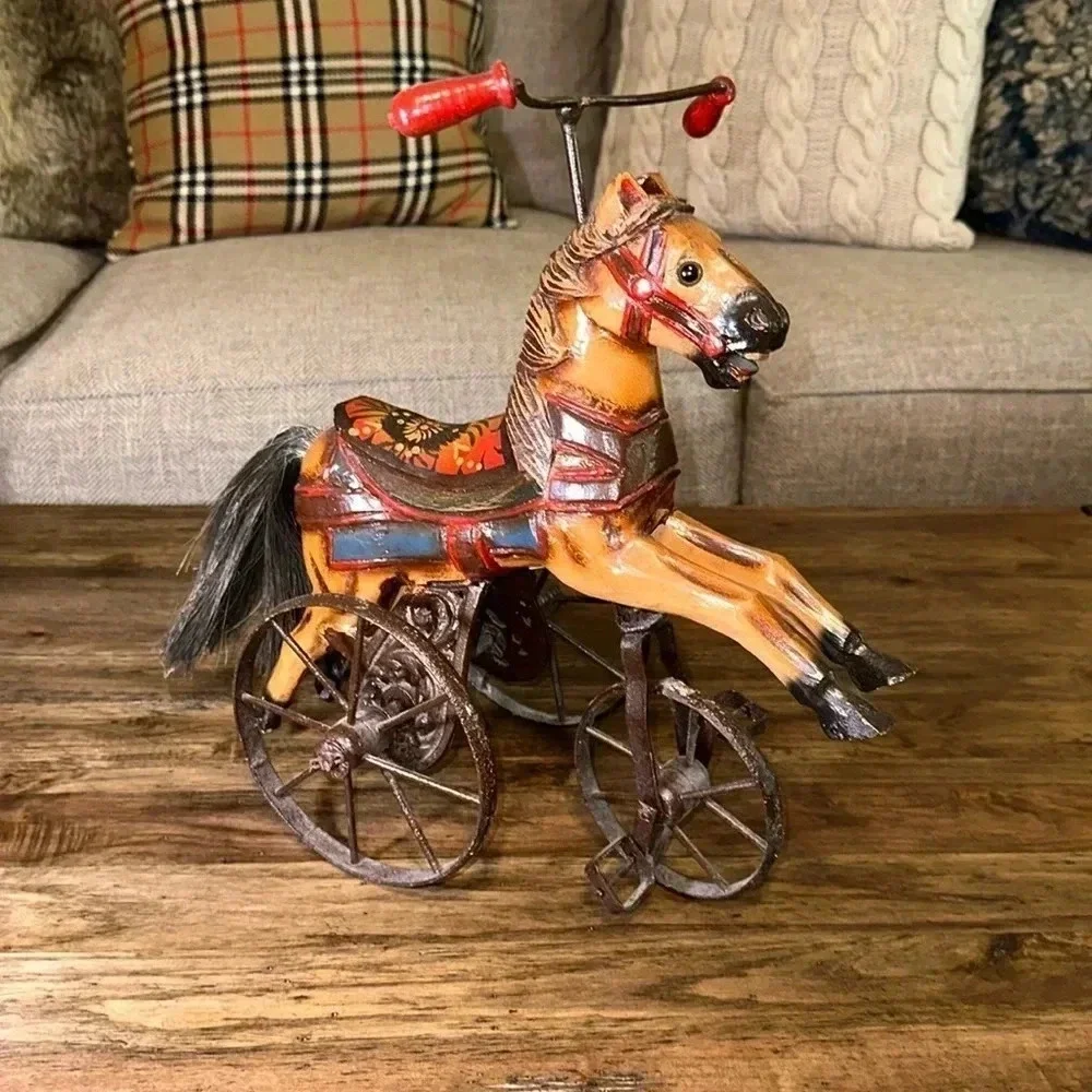 Antique/Vintage Wooden Horse Tricycle Decorative Accent Beautiful Iron Wheels - Picture 3 of 17